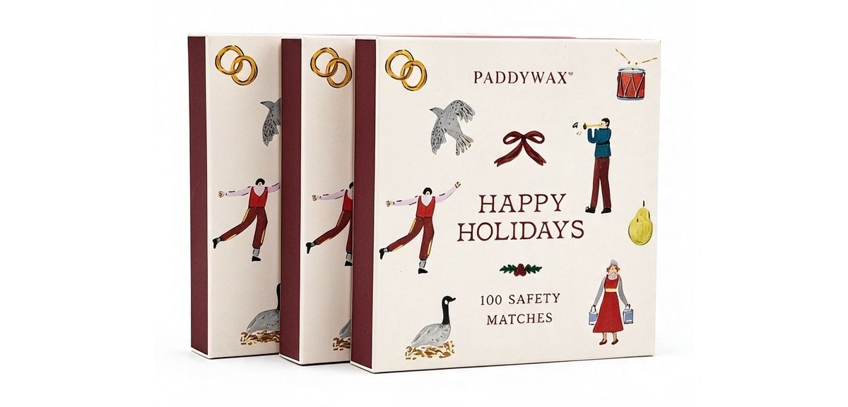 Boîtes d'allumettes illustrées Paddywax Happy Holidays, trois modèles